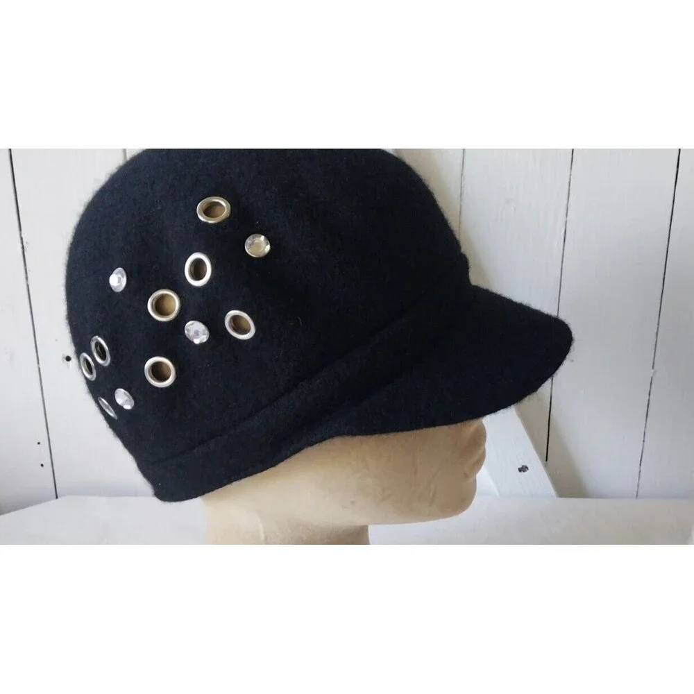 Attention Women's Gatsby Wool Blend Black Studded Hat Size Small 20